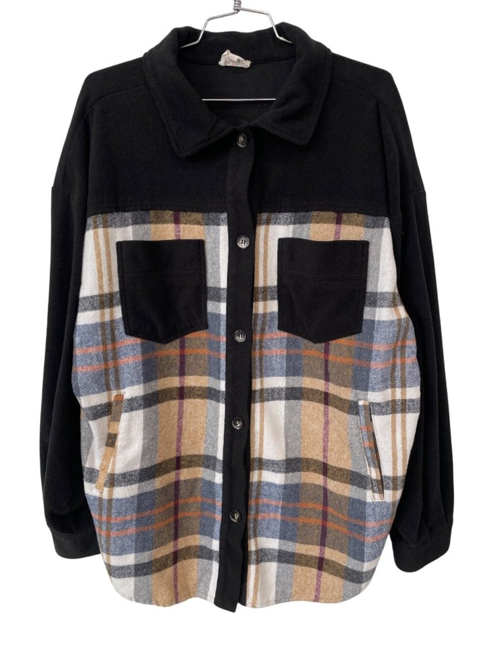 BiBi Shacket Medium Plaid Button Up Long Sleeve Black Multicolor Outdoor Cabin